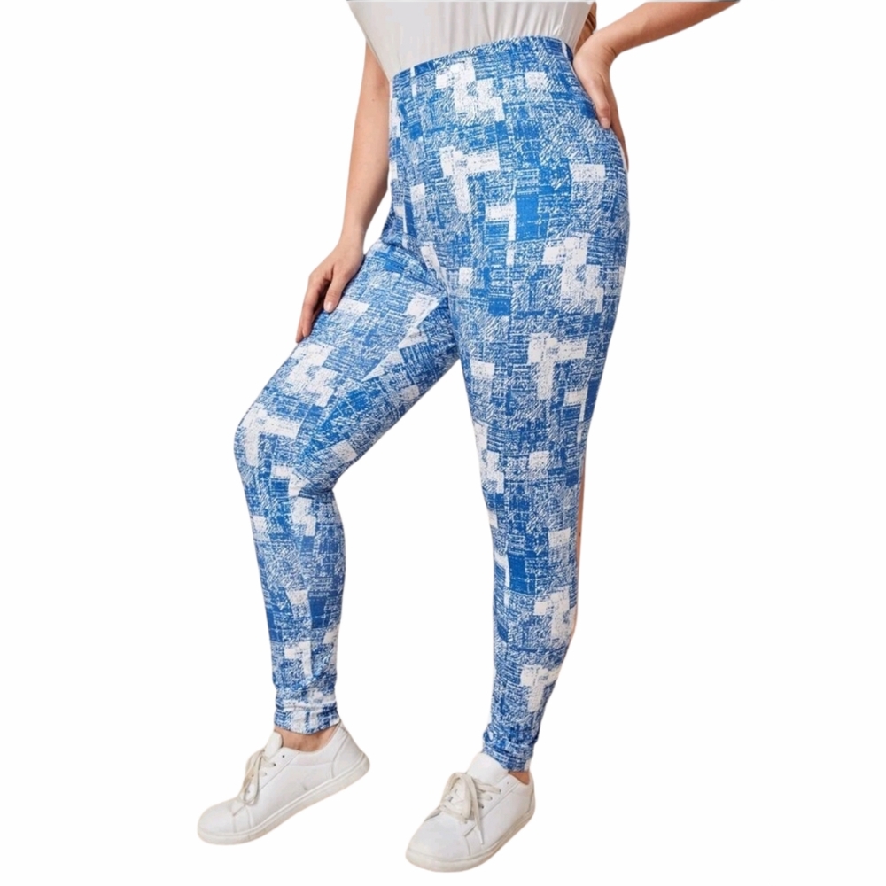 Blue and White Print High Waist Leggings